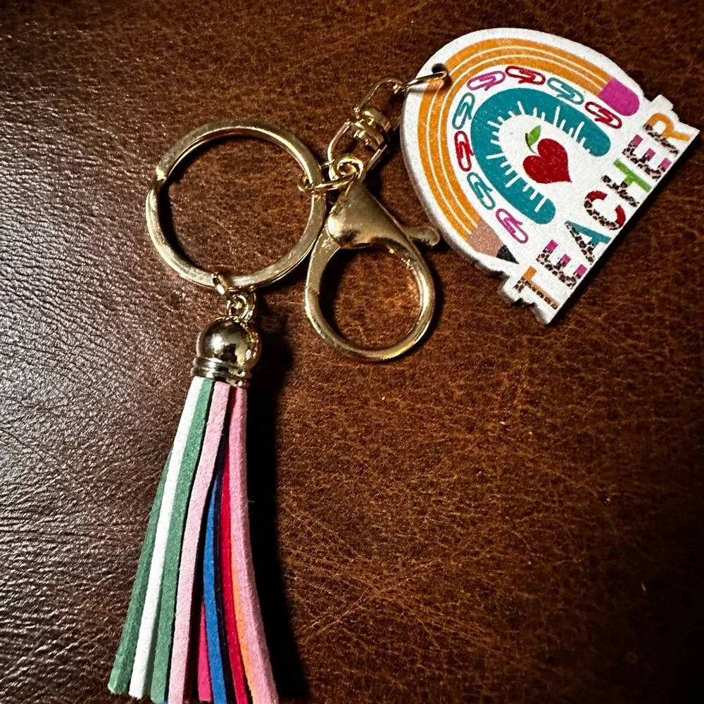 Keychain Teacher bag charm new with multi color fringe tassel